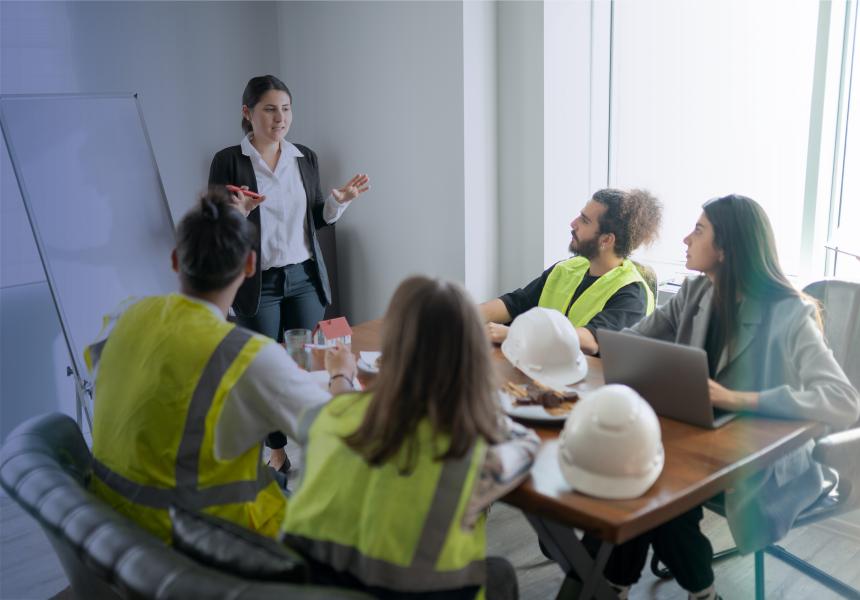a woman leads a meeting in front of 4 people, 3 of whom are wearing yellow waistcoats