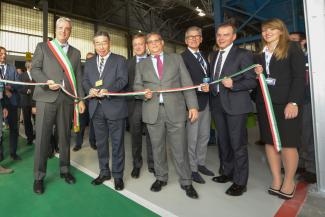 T Shimamura, AGC Group President and CEO, cutting the ribbon at Cuneo plant (IT)