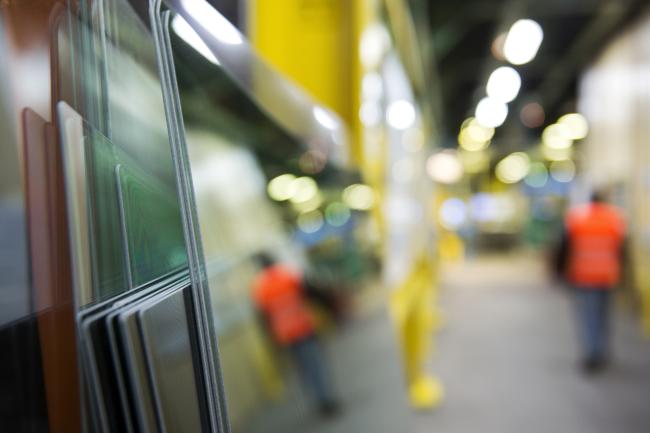 glass panels stored in a factory